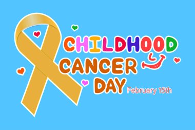  Uluslararası Çocuk Kanserine Karşı Gün. 15 Şubat. Arkaplan, pankart, kartpostal, yazı ve kurdeleli poster için şablon. Vektör illüstrasyonu