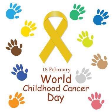 Çocukluk kanserine karşı Uluslararası Gün kavramı. Sarı kurdele ve çocuk avuçlarıyla. Vektör illüstrasyonu