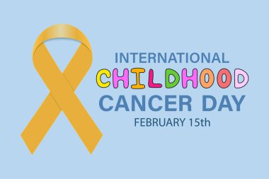  Uluslararası Çocuk Kanserine Karşı Gün. 15 Şubat. Arkaplan, pankart, kartpostal, yazı ve kurdeleli poster için şablon. Vektör illüstrasyonu