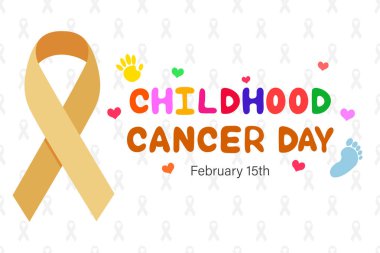 Uluslararası Çocuk Kanserine Karşı Gün. 15 Şubat. Arkaplan, pankart, kartpostal, yazı ve kurdeleli poster için şablon. Vektör illüstrasyonu