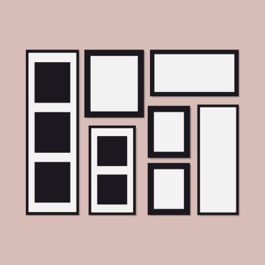 Boş resim çerçeveleri ve fotoğrafların bir kompozisyonu. Siyah çerçeveli boş kare ve dikdörtgen çerçevelerden oluşan sanat galerisi duvar kolajı. Vektör illüstrasyonu.