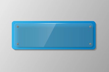 Parlak dikdörtgen mavi pankart. Açık gri bir arka planda cam plakalı gerçekçi bir afiş. Vektör illüstrasyonu