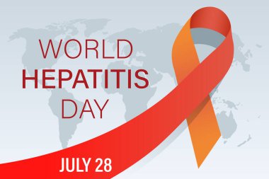 Dünya Hepatit Günü, Hepatit Bilinci Besleme, Dünya Hepatit Günü teması. Kırmızı ve sarı eğimli kurdele. Vektör illüstrasyonu.