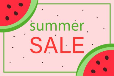 Pembe arka planda karpuz dilimleri olan bir yaz indirimi posteri. Yaz karpuzu arka planı. Vektör illüstrasyonu