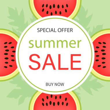 Açık yeşil arka planda karpuz halkaları olan bir yaz indirimi posteri. Yaz karpuzu arka planı. Vektör illüstrasyonu