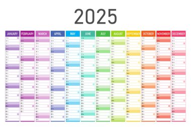 2025 için takvim planlayıcısı. Beyaz arka planda İngilizce renkli duvar takvimi. Vektör şablonu