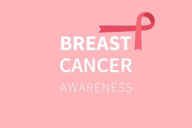  Pembe kurdele. Göğüs kanseri farkındalığı tasarım şablonu. Pembe kurdeleli ve yazılı yatay göğüs kanseri farkındalık pankartı. Vektör illüstrasyonu