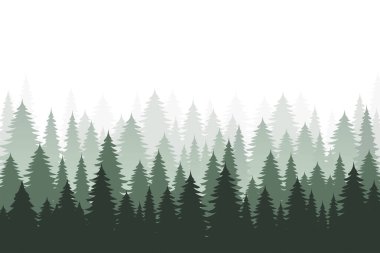 Orman manzarası. Kozalaklı ağaç siluetleri, çamlar, köknar ağaçları ve köknar ağaçları olan orman manzarası. Yeşilliklerle dolu bir arka plan. Sisli bir ortam, manzaralar. Düz vektör illüstrasyonu