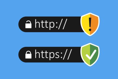 Güvenli ve güvensiz web adreslerini gösteren tarayıcı adresleri. Http ve https - güvenli ve güvensiz bağlantılar, sssl şifrelemesi.