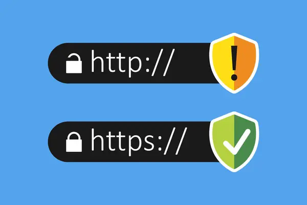 Güvenli ve güvensiz web adreslerini gösteren tarayıcı adresleri. Http ve https - güvenli ve güvensiz bağlantılar, sssl şifrelemesi.