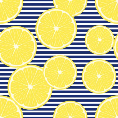 Sarı limonlu, tropik, pürüzsüz bir arka plan. Çizgili arka planda tekrarlanan limon çemberleri. Vektör illüstrasyonu.