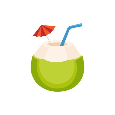 Hindistan cevizi kokteyli ve beyaz arka planda pipet olan bir kartpostal. Hindistan cevizi kokteyli, yaz. Vektör çizimi. Rozetler, logolar, el ilanları, baskılar, afişler, posterler için uygun