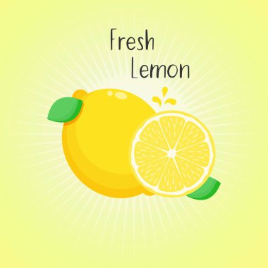 Taze ve parlak limon meyvesi. Gıda, baskı, markalaşma ya da diğer tasarım projeleri için parlak bir zemin üzerinde tam bir limon ve bir dilim limon. Vektör illüstrasyonu