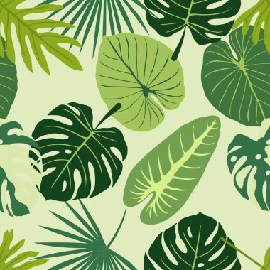 Kusursuz tropikal yaprak deseni. Açık yeşil arka planda yeşil tropikal yapraklar. Vektör illüstrasyonu