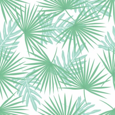 Kusursuz tropikal yaprak deseni. Tropikal yapraklar beyaz arka planda kaotik bir düzende düzenlenmiştir. Vektör illüstrasyonu