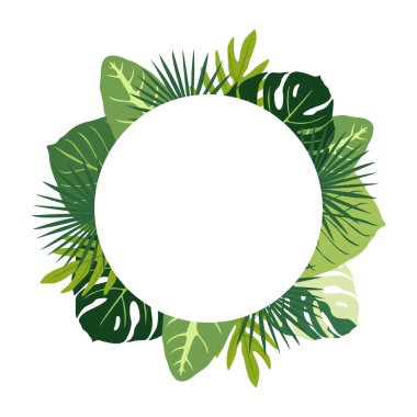 Tropikal yapraklı yuvarlak beyaz pankart. Yapraklar kesilmemiş, düzenlenebilir. Metin için yer, beyaz arkaplan. Vektör illüstrasyonu