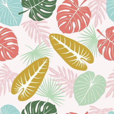 Renkli tropikal yaprakların kusursuz vektör deseni. Renkli tropikal yaprakların silueti kaotik bir şekilde düzenlenmiştir. Soluk pembe arka planda.