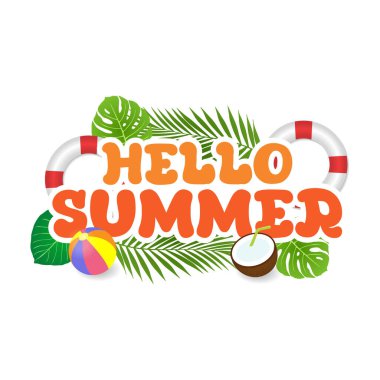 Merhaba yaz. Egzotik palmiye yaprakları, plaj topu, hindistan cevizi kokteyli ve beyaz arkaplanlı bir yazı afişi. Vektör illüstrasyonu