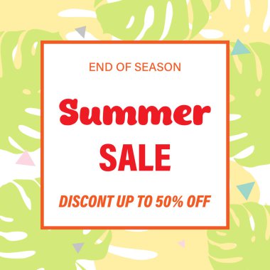 Yaz pankartı satışı. Kare çerçeveli ve tropikal yapraklı bir yaz afişi. Bir reklam teklifi. % 50 indirim. Vektör illüstrasyonu