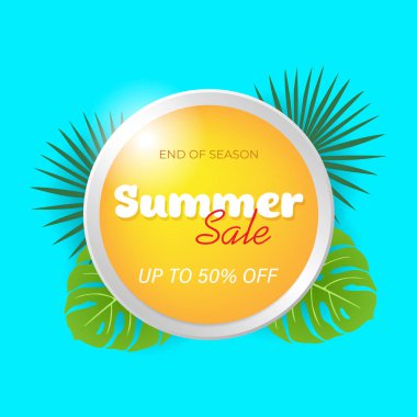 Yaz pankartı satışı. Yuvarlak çerçeveli ve tropikal yapraklı bir yaz afişi. Bir reklam teklifi. % 50 indirim. Vektör illüstrasyonu