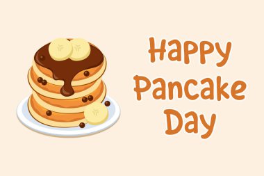 Çikolata soslu ve muz dilimli bir yığın krep. Gözleme günün kutlu olsun. Vektör illüstrasyonu