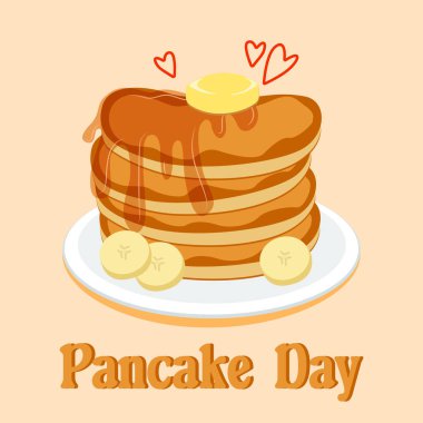 Ulusal Krep Günü. Şerbetli krep, tereyağı ve muz dilimleri. Tabakta bir yığın krep. Vektör illüstrasyonu