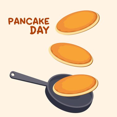 Krep günü. Krepler kızartma tavasına atılır. Krepler havada uçuşuyor. Vektör illüstrasyonu.