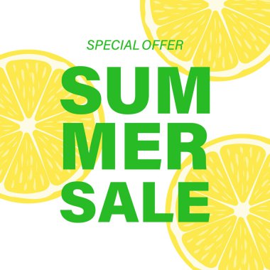 Limon çemberleri ve yeşil metinli bir yaz indirimi afişi. Vektör illüstrasyonu