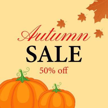 Sonbahar indirimi. Balkabağı ve akçaağaç yaprağıyla sonbahar indirimi afişi. Vektör illüstrasyonu.