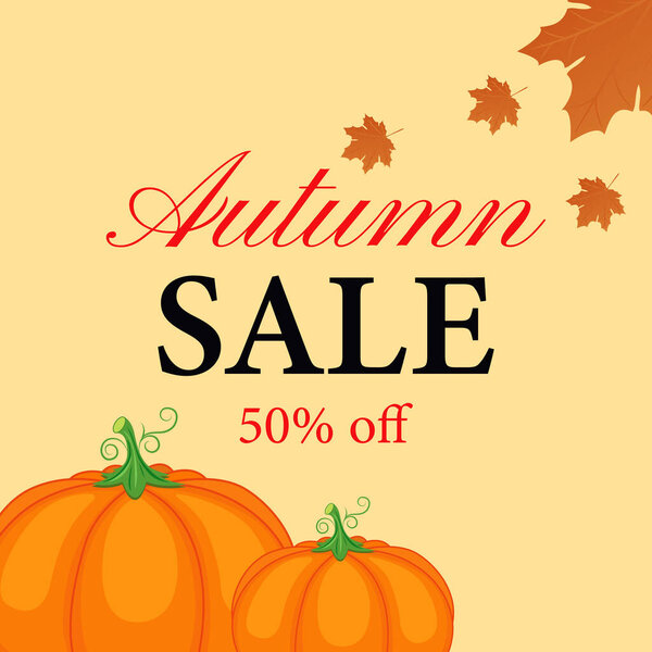 Autumn sale. Autumn sale banner with pumpkin and maple leaf. Vector illustration.