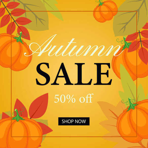 Autumn sale. Autumn sale banner with pumpkin and autumn leaves. Vector illustration.