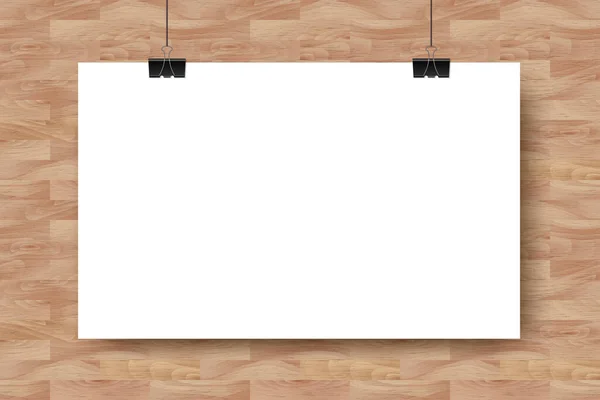 天然茶色の木製の背景に空の白い水平ポスターとベクトルモックアップ Webポートフォリオ ポスター モックアップ 広告のための影現実的な背景を持つトレンディなポートフォリオホワイトペーパー — ストックベクタ