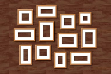 Gerçekçi Boş Duvar Çerçeve Kolajı. Vektör kahverengi çerçeve, koyu doğal ahşap arka planda gölgesi olan bir şablon oluşturdu. Poster, fotoğraf galerisi, resim, sunum için maket.