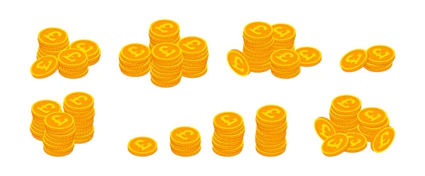 Вектор Ізометричні Золоті Монети Британським Фунтом Стерлінгів Набір Купа Золотих — стоковий вектор