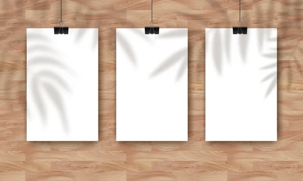 Vector Mockup Three Empty White Vertical Posters Natural Wooden Background — Stock Vector