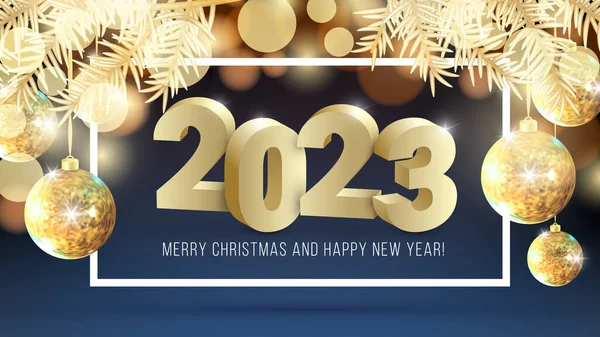 メリークリスマスとハッピー新年光沢のあるボケの背景に3D黄金数 金のトウヒの枝やクリスマスボールと2023ゴールドデザインテンプレート Web 広告のためのベクトル挨拶カードの概念 — ストックベクタ