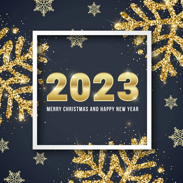 2023メリークリスマスとハッピーブラックの背景に金色の数字と光沢のある金の輝き雪の結晶と新年のグリーティングカードのデザイン ウェブ Xmasバナー ソーシャルメディア 広告のベクターイラスト — ストックベクタ