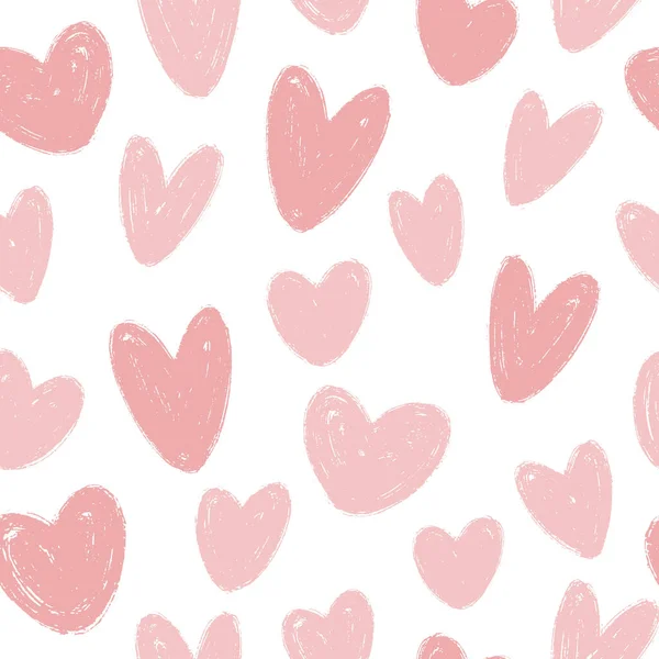 かわいい手描きの愛シームレスなパターン ホワイトにチョークグランジの質感を持つ抽象ピンクの心 バレンタインデーグリーティングカード 包装紙 ファブリックデザインプリントのためのベクトルインクテクスチャ背景 — ストックベクタ