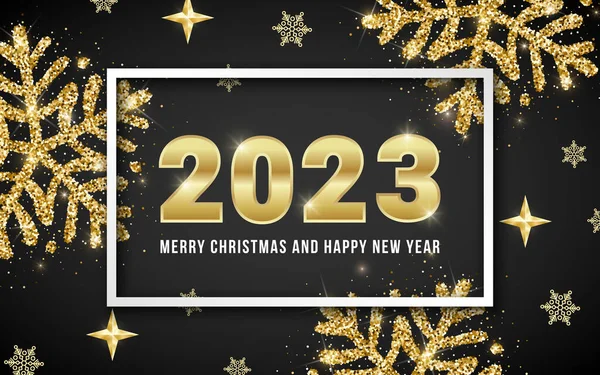 2023メリークリスマスとハッピーブラックを背景に黄金の数字 光沢のある金の輝き雪の結晶と新年のグリーティングカードのデザイン ウェブ Xmasバナー メール チラシ 招待状のベクトルイラスト — ストックベクタ