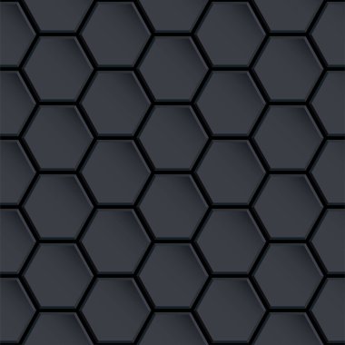 Siyah parlak seramik altıgen karolar dikişsiz desen. Modern ev dekorasyonu, banyo ve mutfak 3 boyutlu duvar dokusu. Vektör siyah parlak altıgen karo duvar arkaplanı.