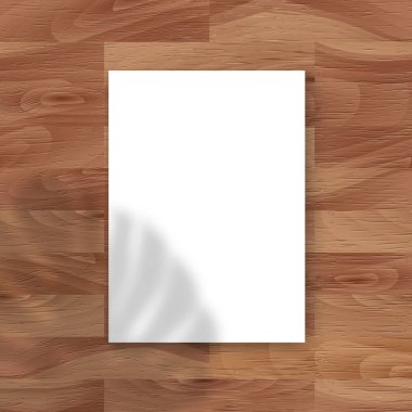 Vector Mockup, ahşap arka planda boş beyaz A4 kağıt örtüsü ve canavar yaprağı gölge efektiyle. Web portföyü için minimalist boş alan arkaplanı, poster modeli, sunum