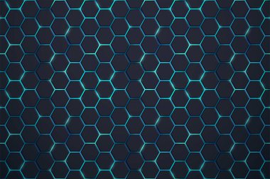 Soyut siyah altıgen kiremit desenli yatay arkaplan ve mavi üzerinde parlak alevler. Modern teknoloji ışıltılı hücre dokusu. Vektör parlayan oyun, tıbbi, bilimsel altıgen arkaplan.