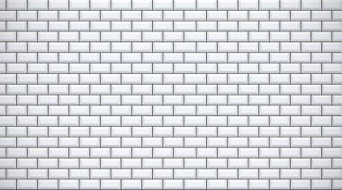 White glossy brick wall with ceramic rectangle tiles pattern horizontal background. Home interior, bathroom and kitchen ceramic wall texture. Vector realistic white shiny brickwall background