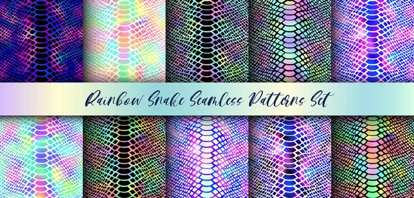 Trendy Rainbow Snake Skin Vector Seamless Patterns Set Neon Wild — Stockvektor