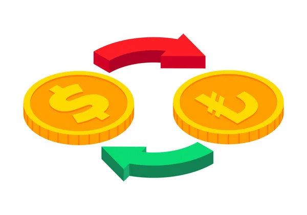 Isometrische Geldwechselsymbole Dollar Lira Wechselkurs Goldmünzen Mit Kreiszeichen Bargeld Währungstransfer — Stockvektor