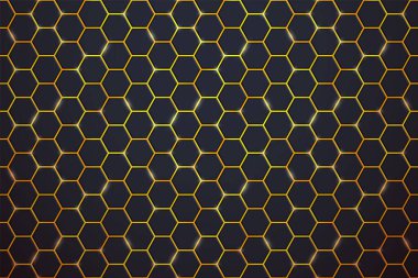 Soyut siyah altıgen kiremit desenli yatay arka plan ve altın sarısı flaşlar. Modern bal peteği ışıltılı hücre dokusu. Vektör parlayan oyun, tıbbi, altıgen arkaplan.