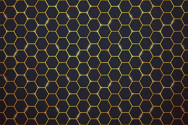 stock vector Abstract black hexagon tiles pattern horizontal background with shiny flares on gold yellow background. Modern honeycomb luminous cells texture. Vector glowing game, medical, hexagon background.