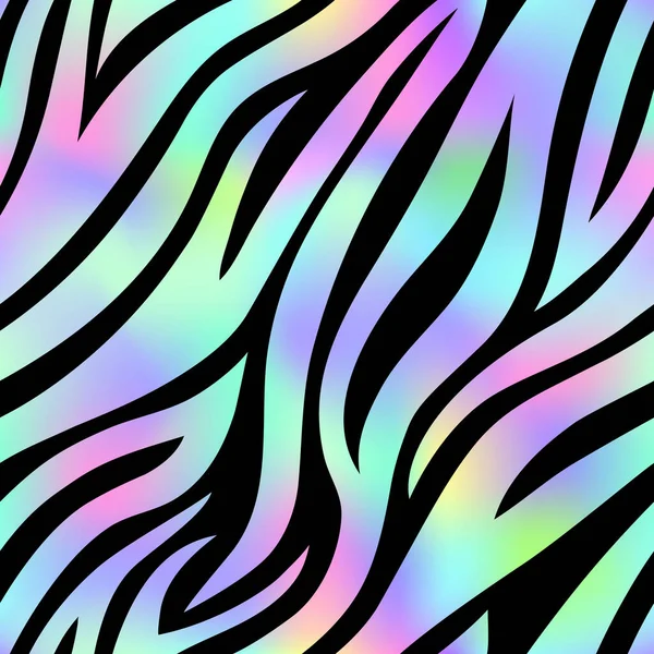 トレンディなネオンゼブラシームレスなパターン ベクトル虹野生動物の皮膚のテクスチャの背景 黒地に虹彩グラデーション虎縞 Print — ストックベクタ