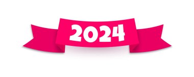 2024 yılbaşı kırmızı kurdelesi beyaz arka planda izole edilmiş gerçekçi bir gölge. Mutlu yıllar ve Mutlu Noeller dekoratif tasarım unsuru. Web, tasarım, reklam ve uygulama için vektör kurdelesi.