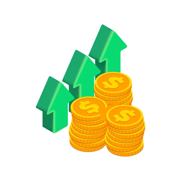 Isometrisches Geldwachstum Konzept Vektor Trend Nach Oben Grüne Pfeile Diagramm — Stockvektor